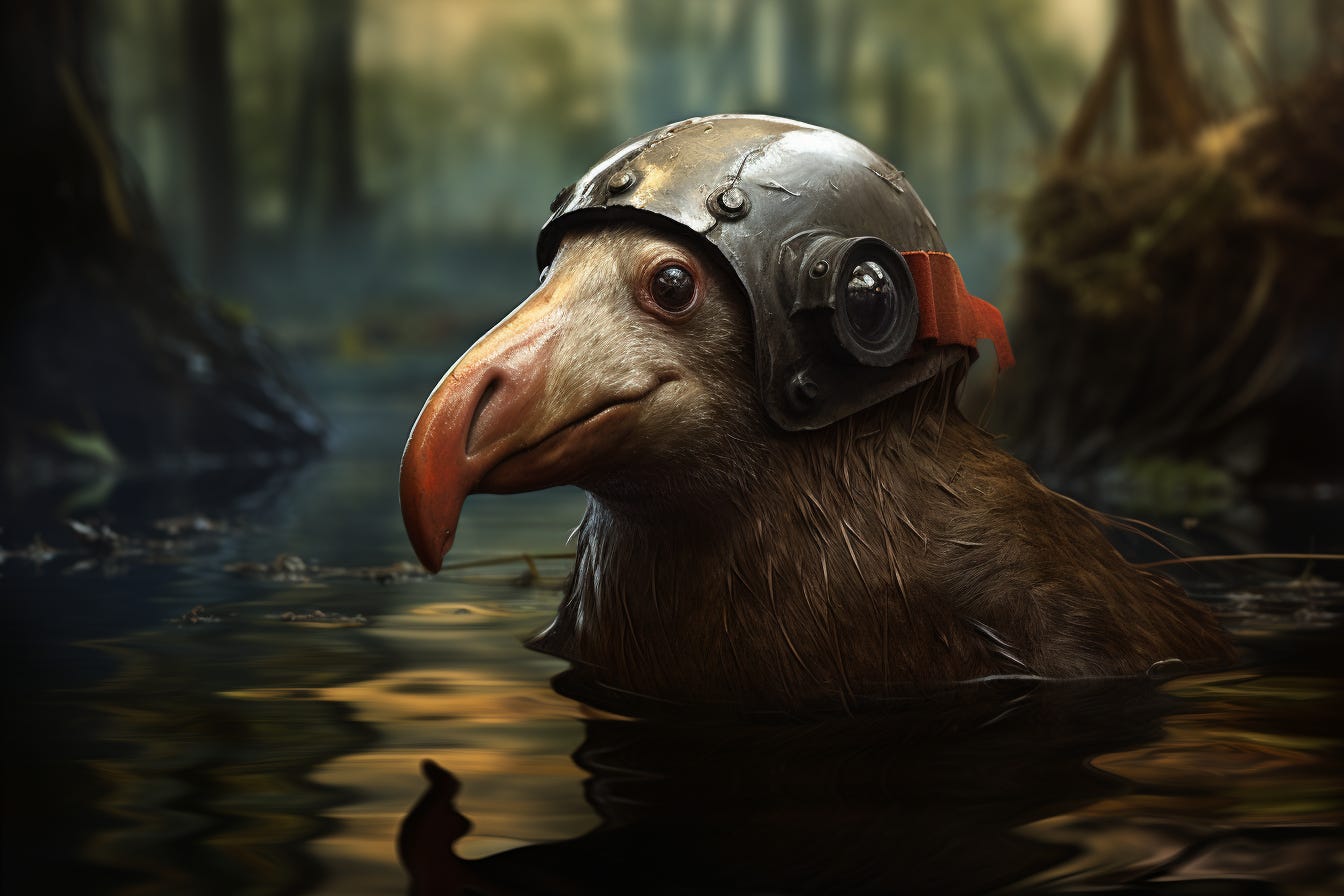 Midjourney image from a "platypus" prompt that's an odd eagle-duck hybrid wearing a  helmet