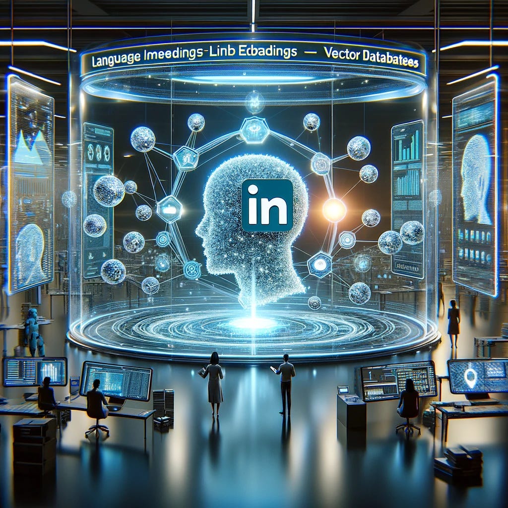 A digital artwork showing AI using language embeddings and vector databases to power job searches on LinkedIn, featuring the LinkedIn logo. The scene includes an advanced AI framework with glowing lines and nodes symbolizing language embeddings and vector databases. There are digital displays with complex data structures, graphs, and text analytics. Users are shown interacting with the system, entering search queries, with results displayed on screens. In a prominent position is the LinkedIn logo, integrating it seamlessly into the futuristic lab environment with transparent screens and holographic projections, emphasizing the role of LinkedIn in this advanced AI-driven job search technology.