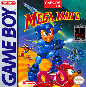 The North American cover of Mega Man II, featuring Mega Man riding on top of his robot dog pal, Rush, while firing off his arm Buster Cannon. In the background are Wily's typical skulls on a vehicle that's firing its own shots off, as well as the non-Wily antagonist of this game, Quint. 