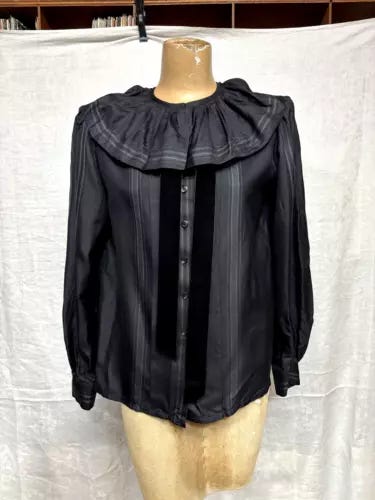 Vintage 1980s 1990s Women's Lanvin Black Silk Ruffle Collar Blouse Top Shirt - Picture 1 of 5