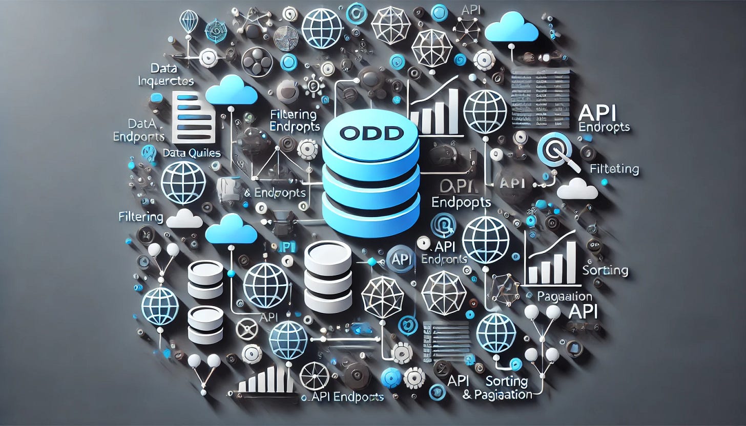 A visually engaging 16:9 image representing OData integration in a .NET Core application. The image should depict abstract concepts of data queries, API endpoints, and filtering, sorting, and pagination capabilities. Include modern design elements like interconnected data nodes, database symbols, and API workflows. Use a clean and professional look, avoiding text.