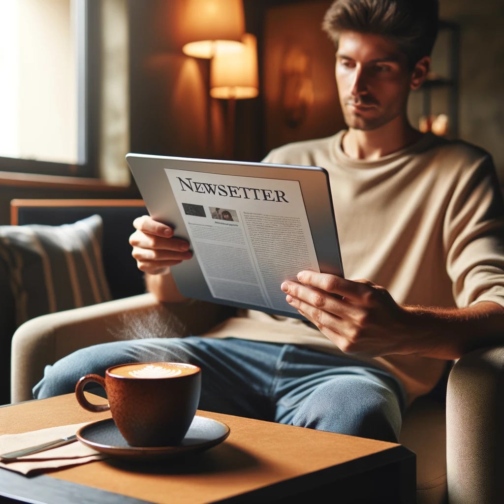A person sitting comfortably in a cozy room, reading a newsletter on a tablet or a magazine, with a steaming cup of coffee on the table next to them. The setting includes warm lighting, a comfortable chair, and a relaxed atmosphere, indicating a leisurely morning or afternoon. The person's face is calm and focused, enjoying their reading and coffee moment.