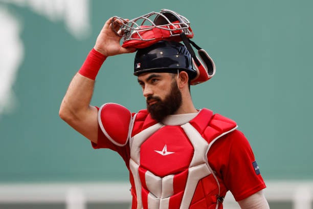 Connor Wong of the Boston Red Sox against the Toronto Blue Jays during the first inning at Fenway Park on August 5, 2023 in Boston, Massachusetts.