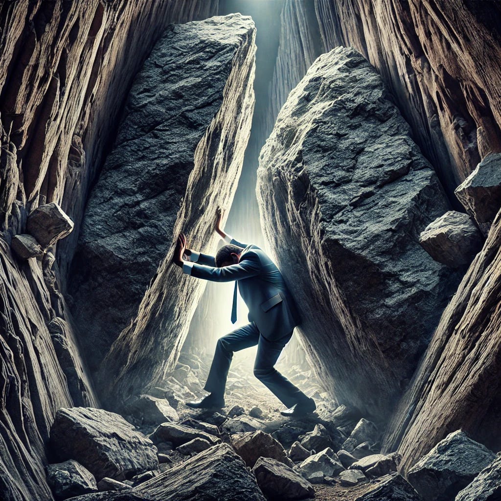 A hyper-realistic and symbolic representation of being stuck between a rock and a hard place. The image shows a person in business attire wedged tightly between two massive, jagged rocks in a dimly lit canyon. The crushing weight of the rocks emphasizes the pressure and impossibility of the situation. The person's expression reflects determination and stress, with hands braced against the rocks trying to push them apart. The surrounding environment is stark and barren, enhancing the feeling of isolation and struggle. The lighting creates deep shadows to amplify the intensity and gravity of the scene.