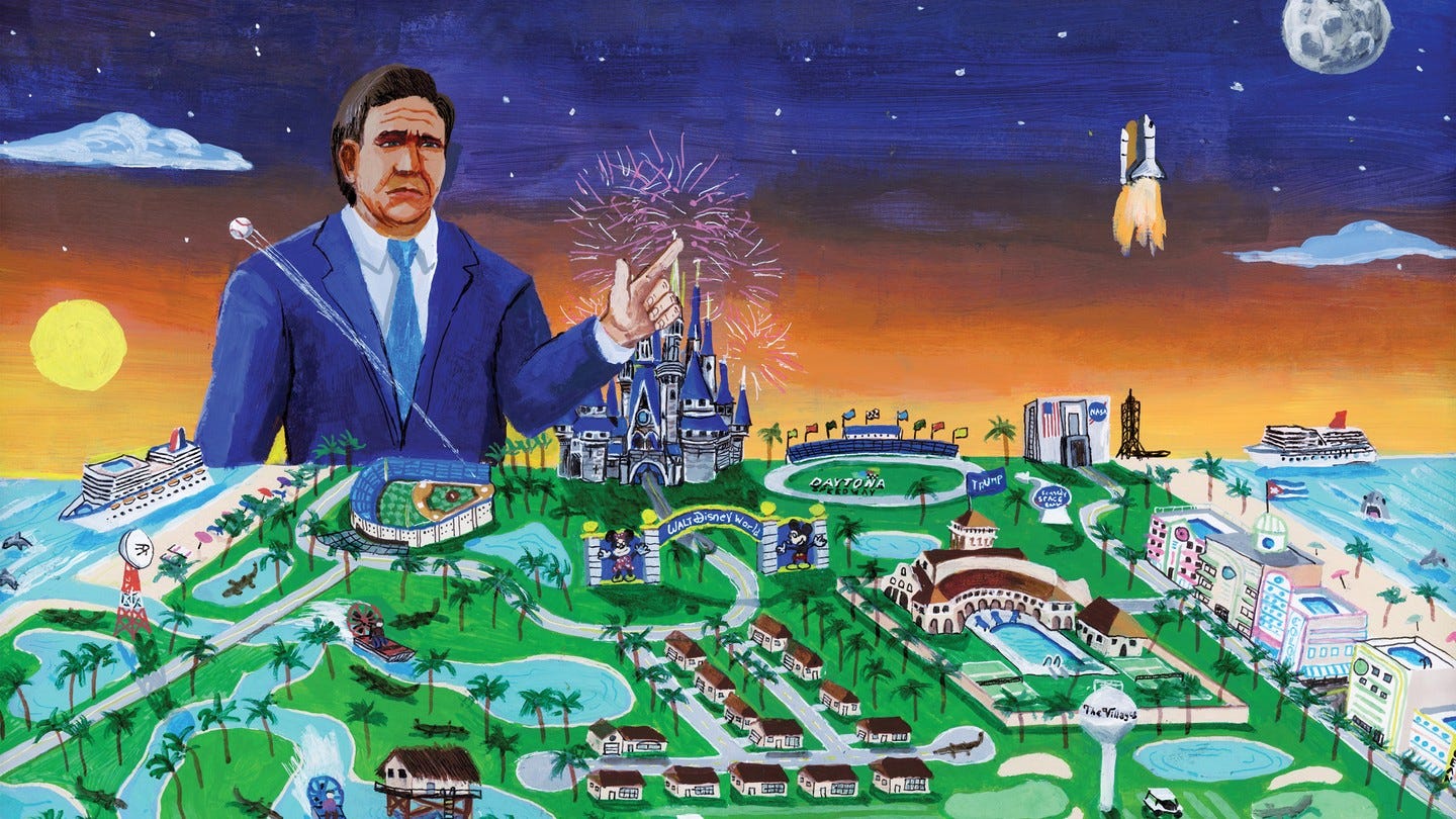 Painting of Ron DeSantis in blue suit rising over horizon between sun and moon, over landscape bordered by Gulf- and Atlantic-coast beaches, cruise ships, canals, alligators, the Daytona Speedway, Kennedy Space Center launching a rocket, Mar-a-Lago, and Disney World with fireworks