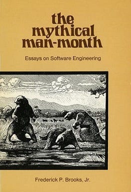 The Mythical Man Month, a famous book in software engineering written by Fred Brooks from IBM. The idea is that as you add more people, you don’t actually get linearly faster. A single person might take 2 months to do a project. Adding a second person doesn’t make the project take 1 month. And as you add more people, it gets worse with more coordination and “getting in sync” required. Computers are the same way.