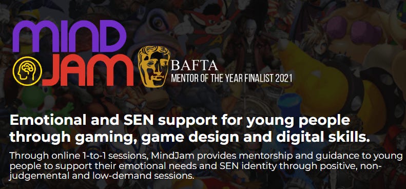 black background with mindjam logo and text emotional and sen support for young people through gaming, game design and digital skills.