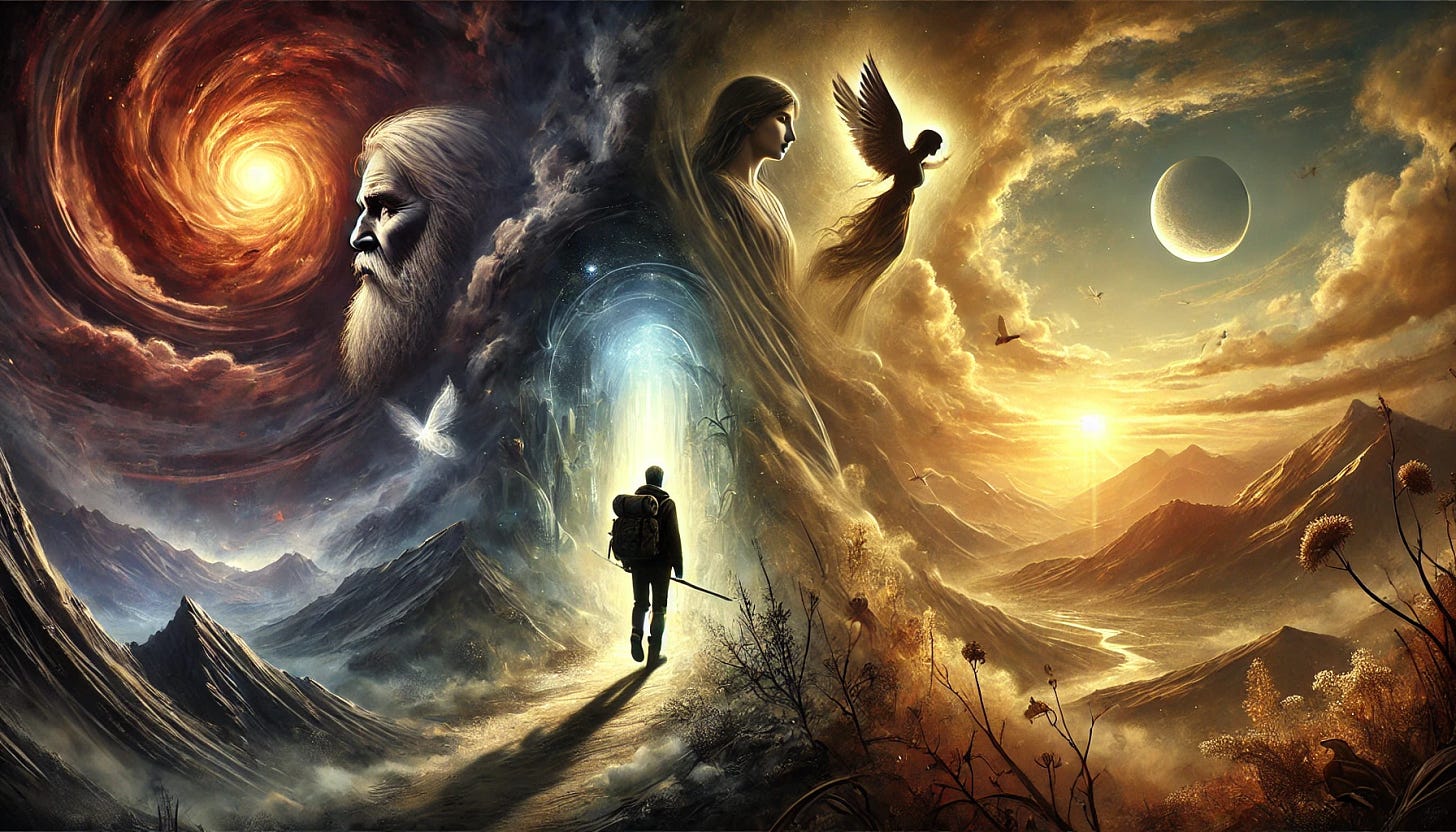 A symbolic and evocative image representing 'The Hero’s Journey and Rebirth.' A lone traveler, an elderly man with a contemplative expression, walks through a mystical landscape. The scene is divided into three sections: on the left, a dark, chaotic storm represents struggle and the call to adventure; in the center, the traveler crosses a glowing threshold, symbolizing transformation; on the right, a serene, golden-hued sunrise over mountains represents rebirth and newfound wisdom. Ethereal figures of past loved ones, including a gentle feminine presence, watch over him. The atmosphere is dreamlike, blending realism with a touch of the mythical.
