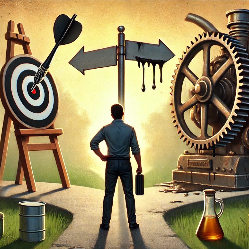 A scene depicting a millennial standing at a crossroad, with two distinct paths ahead. On the left path, at the end, there's a dart perfectly hitting the bullseye of a dartboard, symbolizing precision and achievement. On the right path, there's a large, old-fashioned machine dripping with oil, representing a more challenging or industrial route. The millennial looks contemplative, standing in the middle, deciding which path to take. The background is slightly blurred, emphasizing the decision at hand, with soft, natural lighting.