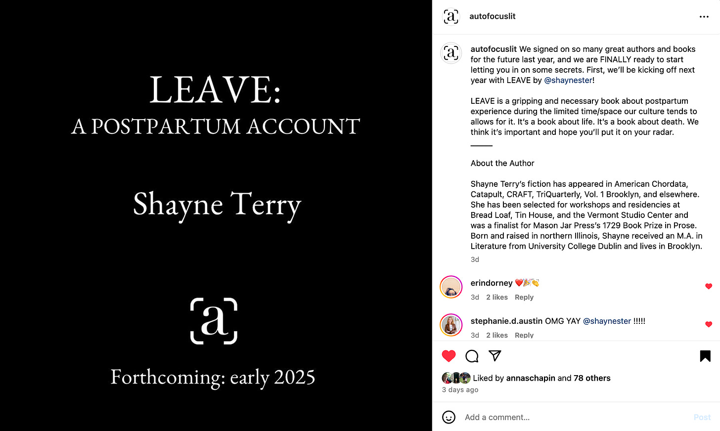 An Instagram post from Autofocus that reads: "Leave: A Postpartum Account", Shayne Terry, Forthcoming early 2025