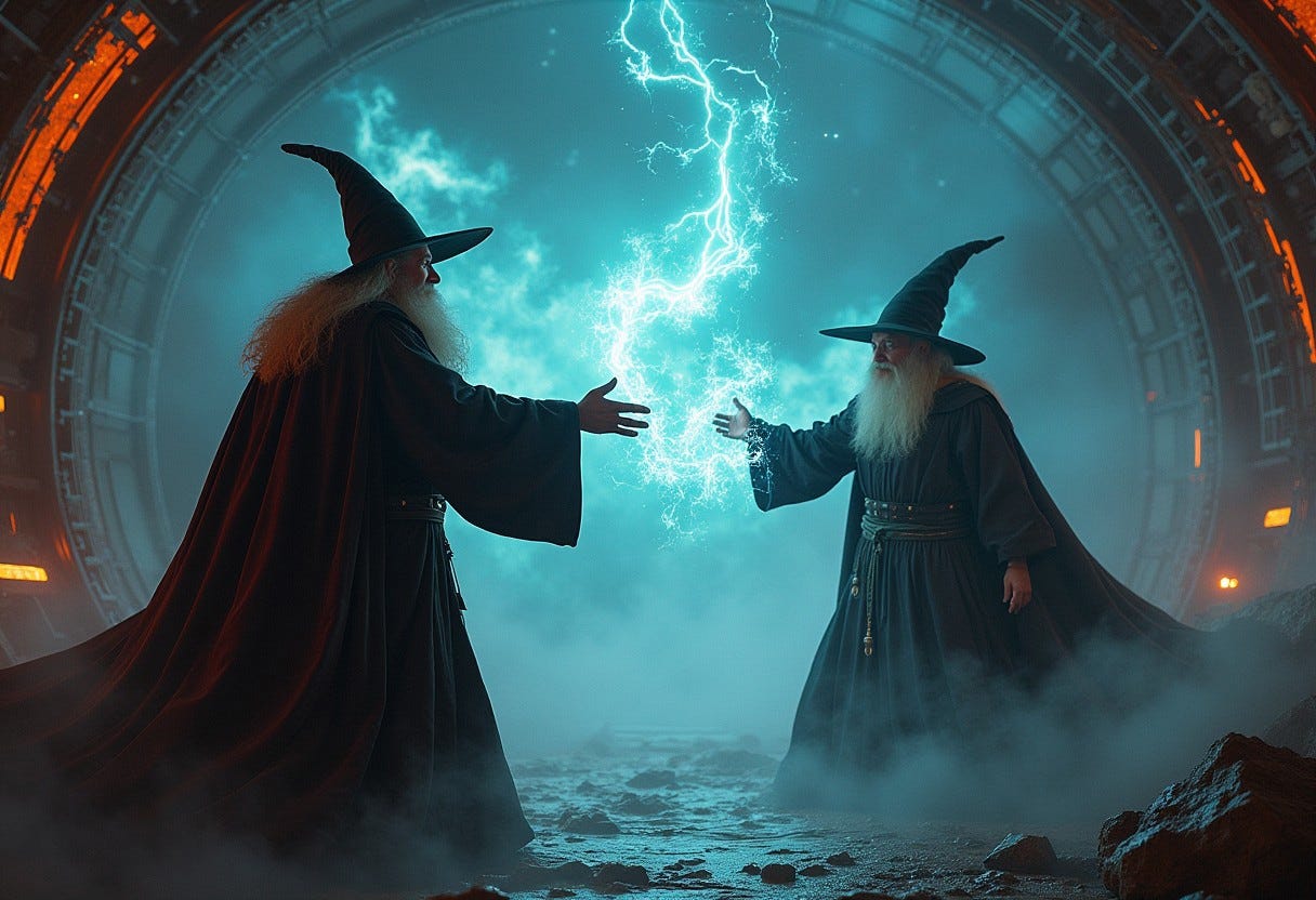 wizard fighting another wizard, inside a spaceship