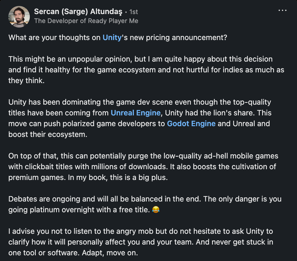 Screenshot of a social media post by Sercan Altundas, SKD & integrations team leader at Ready Player Me, expressing his positive perspective on Unity’s new pricing announcement