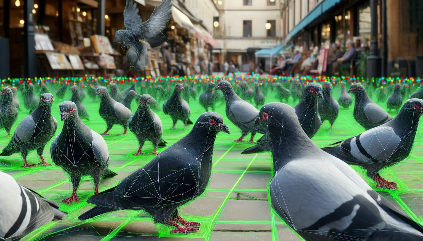A group of pigeons being tracked by a computer vision system in a natural outdoor environment. Multiple camera views capturing the 2D keypoints of the pigeons, which are then triangulated to form 3D poses. The background shows a mix of indoor and outdoor settings, with the computer vision framework represented by digital markers and triangulation lines connecting keypoints on the pigeons.
