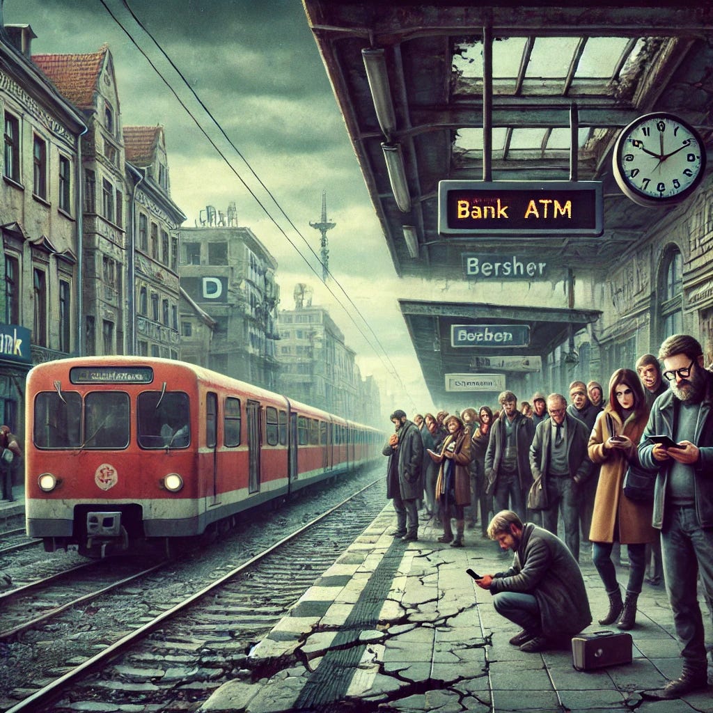 A somber scene of a delayed train on a worn platform in Germany, with cracked streets, old buildings, and outdated ATMs. People appear frustrated and worried, using smartphones amid the declining infrastructure. The overcast sky and muted colors convey a sense of stagnation and fear about the future. A somber scene of a delayed train on a worn platform in Germany, with cracked streets, old buildings, and outdated ATMs. People appear frustrated and worried, using smartphones amid the declining infrastructure. The overcast sky and muted colors convey a sense of stagnation and fear about the future.