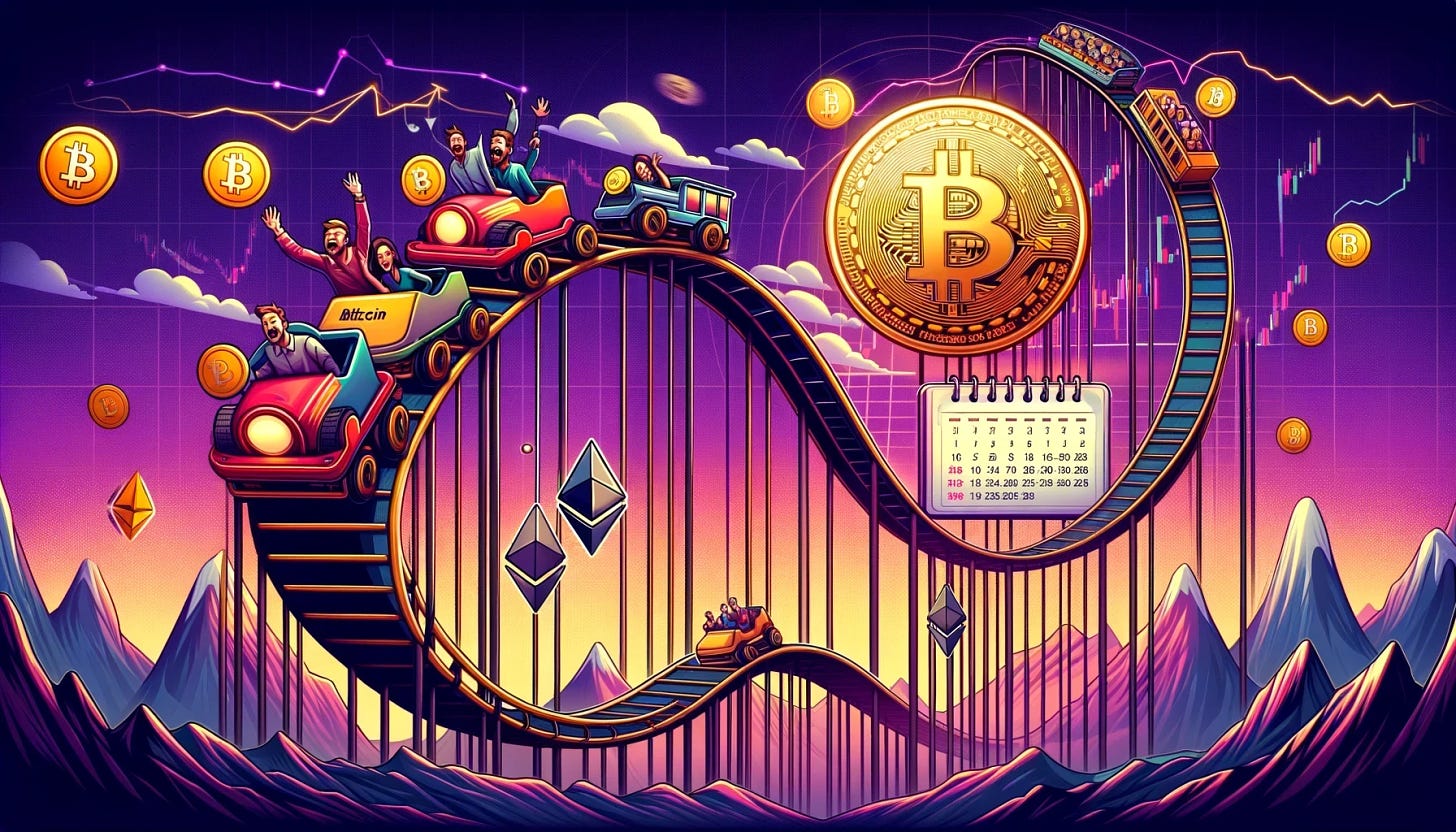 Create a dynamic and visually captivating wide-format image that encapsulates the essence of the crypto market's volatility and the anticipation surrounding the Bitcoin halving event. The design should feature a rollercoaster representing the market's ups and downs, with Bitcoin and other cryptocurrencies like Ethereum and Solana riding along. In the background, a calendar is ticking down to the halving event, symbolizing the looming deadline and the community's mixed feelings of excitement and uncertainty. The image should be rendered in a flat design style, utilizing the colors #497DF4 and #FF6969 to align with the brand's color scheme. The overall mood of the image should be engaging, conveying the thrill and the unpredictability of the crypto market while highlighting the critical moment of the Bitcoin halving. No text should be visible in the image.