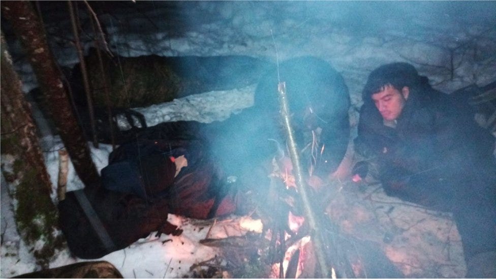 Migrants sleep in sub-zero temperatures with only a few sleeping bags between them