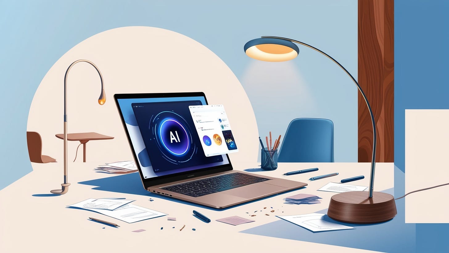 A modern, sleek illustration depicting a clutter-free workspace with a mix of ai-powered tools and creative essentials, tailored for freelancers and creatives, set against a calming, soft blue background that evokes productivity and innovation. At the center, a cutting-edge laptop with a vibrant, high-resolution screen showcases a futuristic AI interface, surrounded by scattered papers, a few artistic pens, and a minimalist ergonomic chair in the background. A elegant, curved desk lamp with a warm, golden glow casts a subtle shadow on the surface, adding a touch of sophistication. Incorporating a subtle blend of warm pastel colors, the palette combines hues of creamy whites, soothing blues, and accents of rich wood tones. The overall aesthetic is clean, futuristic, and inspiring, with bold lines and geometric shapes, while maintaining a sense of cozy, creative comfort.