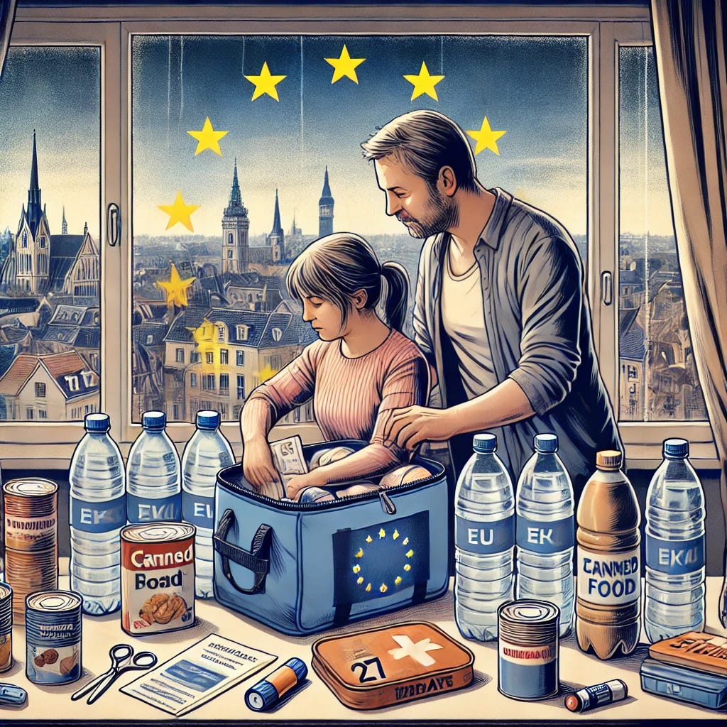 A digital illustration depicting a European family assembling a three-day survival kit in their home. The kit includes bottled water, canned food, a flashlight, batteries, medical supplies, and ID documents in a waterproof pouch. The background subtly features a European cityscape, emphasizing the 27-nation EU bloc. The scene has a slightly urgent yet practical atmosphere, showing the family thoughtfully preparing their emergency essentials.