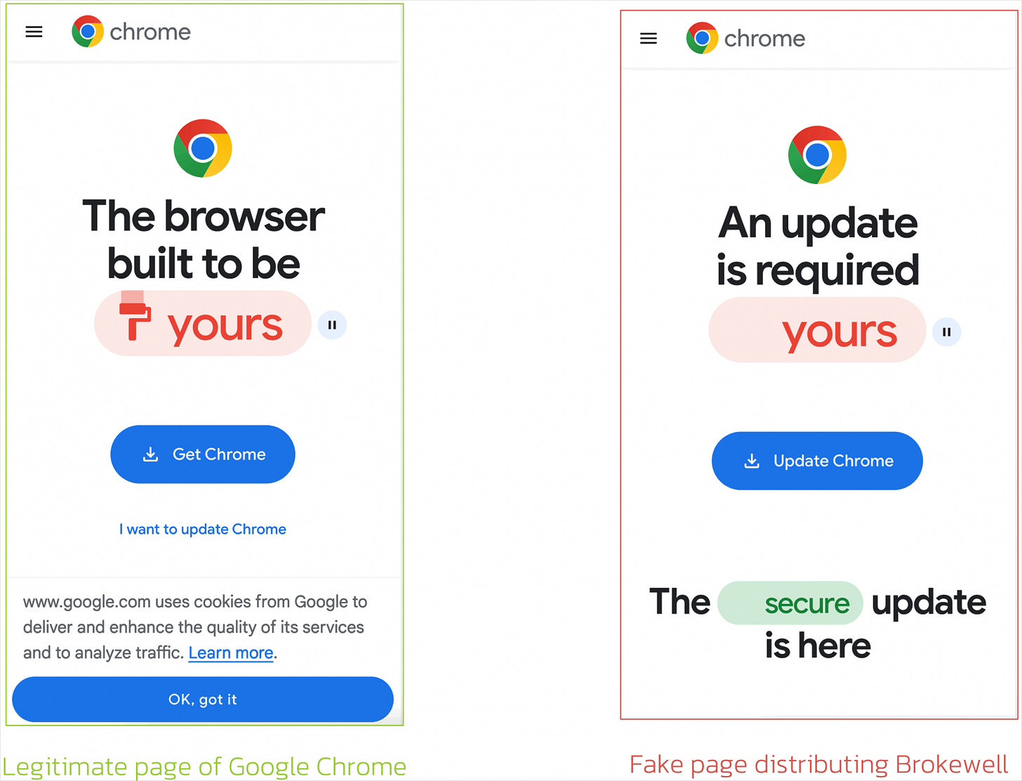 Legitimate (left) and fake (right) Chrome update pages