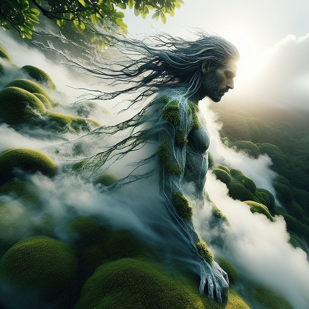 Hyper realistic tilt shift; resin dark haired man with his spirit. he is covered with mist. misty green moss covered earth with man. long strands of mist braids and smokey aura. turning toward the sun/  lace covering man tree overhead is casting tiny leaf shadows on man. transluscent energy waves emenate out from him .Sunny day. cloudy sky low hanging clouds Ethereal luminescent