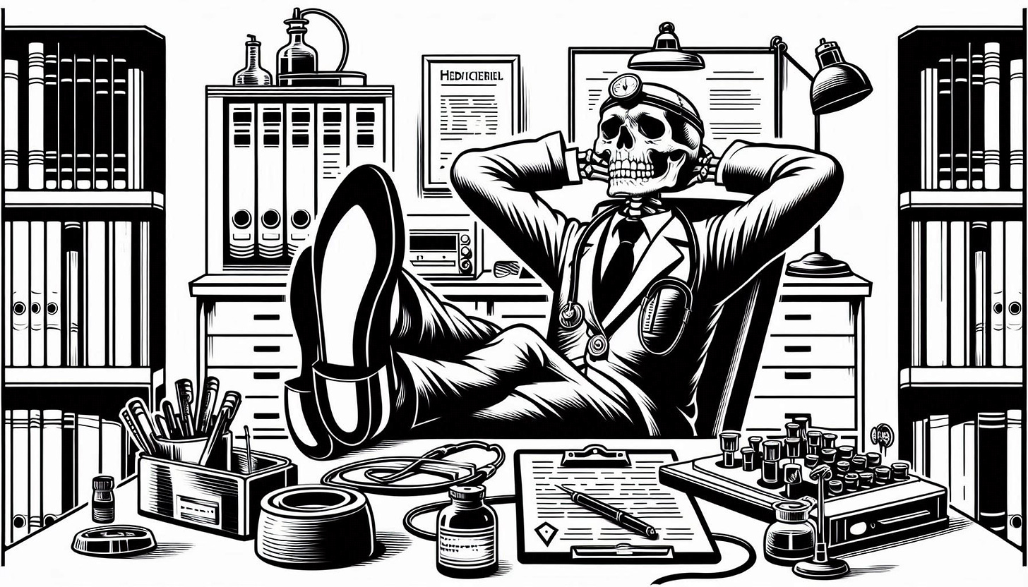 black and white drawing of a skeleton doctor with its feet up on an office desk with medical equipment and its hands folded behind its head relaxing in art deco style