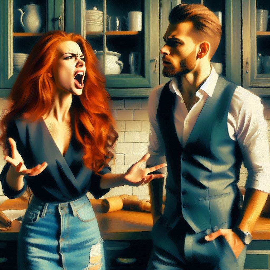 An angry, upset pretty red-haired woman is yelling at a tall, handsome man who is standing with his arms folded. Kitchen interior. Impressionist style.