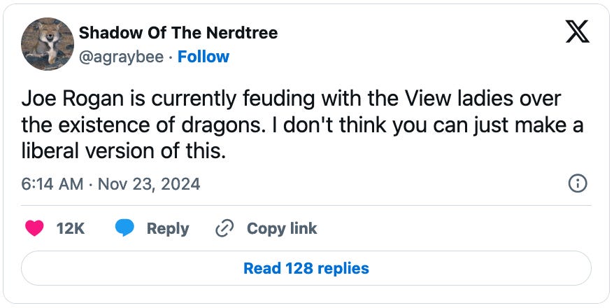 November 23, 2024 tweet by Shadow of the Nerdtree reading, "Joe Rogan is currently feuding with the View ladies over the existence of dragons. I don't think you can just make a liberal version of this."