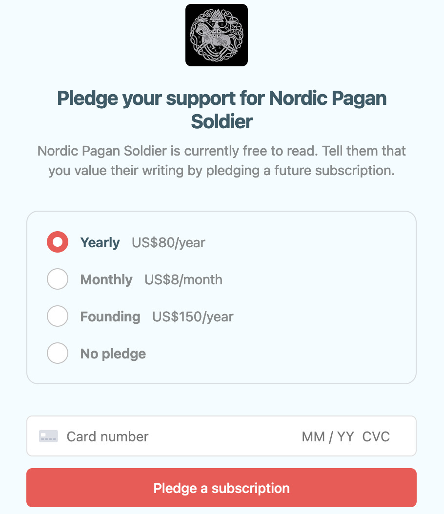A screenshot of Substack's "Pledge your support" options for the Nazi newsletter Nordic Pagan Soldier.