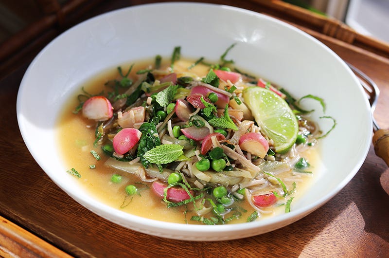 Flexible Spring Stir-Fry with Soba Noodles, Miso Broth, and Mint; Cook the Vineyard