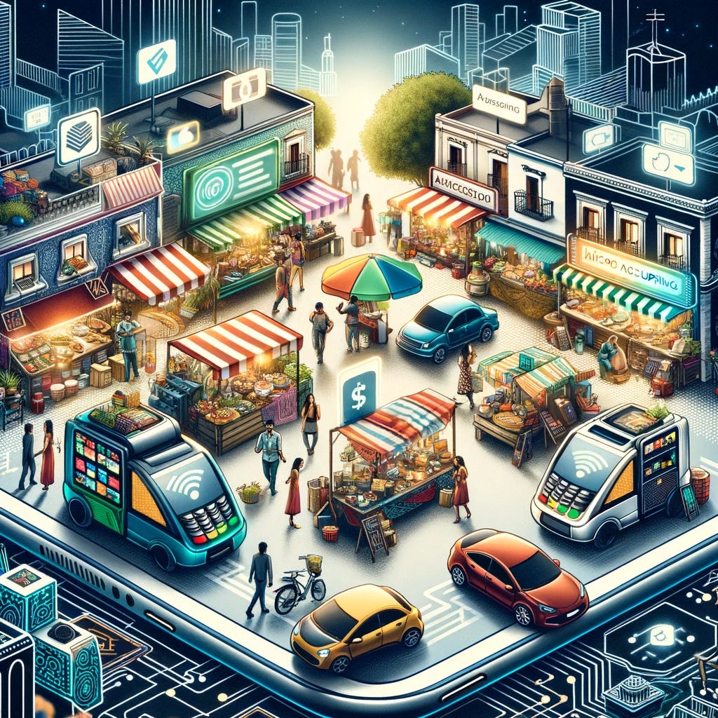 A digital illustration showing the concept of micro acquiring in the fintech industry. The image should depict a bustling marketplace with diverse small businesses, such as food stalls, artisan shops, and local vendors. Each stall is equipped with modern digital payment solutions like mobile payment terminals and smartphone payment systems. The atmosphere is dynamic and vibrant, illustrating the digital transformation of traditional small-scale commerce. The setting is in an urban Mexican street, reflecting the local cultural elements and architecture, with a clear focus on the integration of technology in everyday commerce.