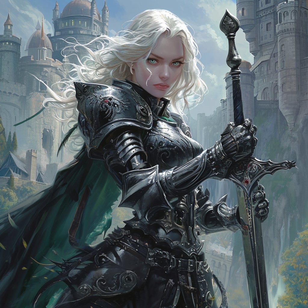 Fantasy warrior woman with long white hair. Wearing black armor with cloak. Holding great sword, readying self to defend her home.