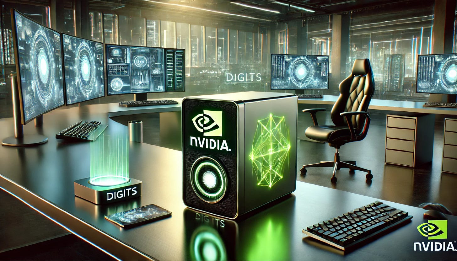A 16:9 futuristic illustration of a sleek Nvidia mini-computer labeled 'DIGITS,' glowing with a vibrant green AI aura, placed on a stylish modern office desk. The mini-computer is compact with sharp edges, featuring a subtle Nvidia logo. Surrounding the desk are holographic monitors, futuristic office tools, and a minimalist chair. The background features a high-tech office environment with large windows showcasing a view of a futuristic city skyline. The atmosphere exudes innovation, sophistication, and cutting-edge AI technology.