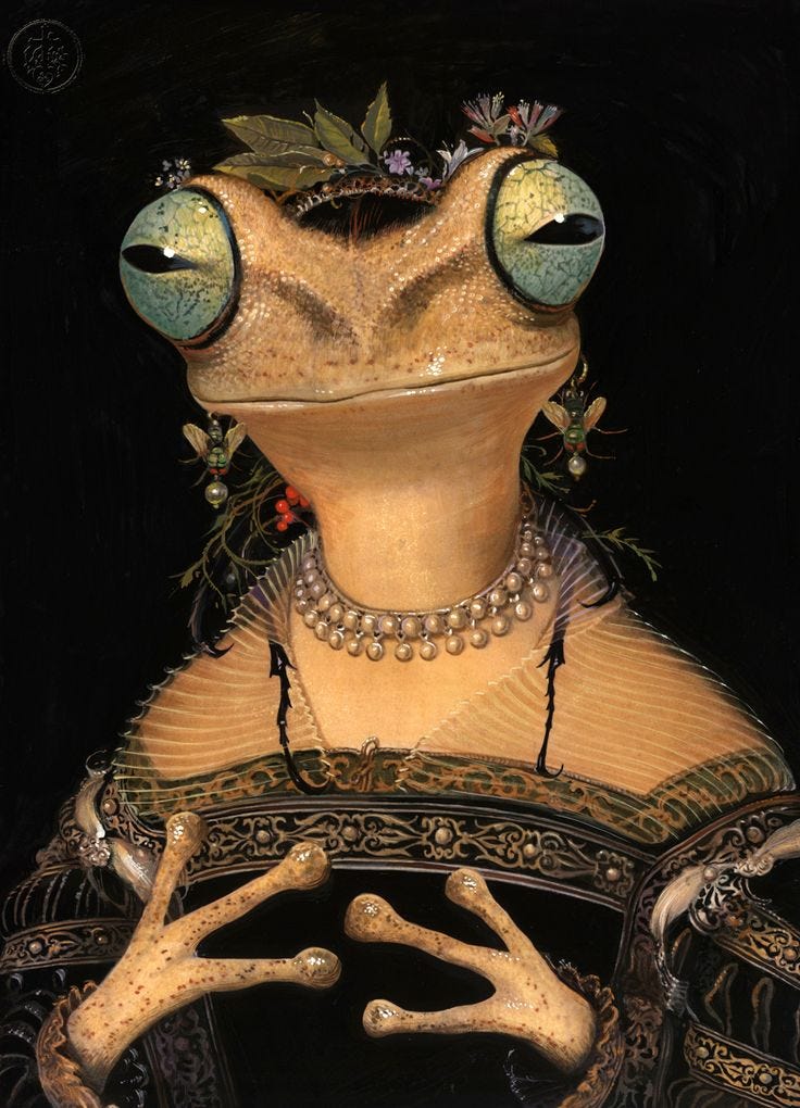 Illustrazione di una rana con indosso abiti da nobildonna rinascimentale, una collana di perle e fiori e foglie in testa