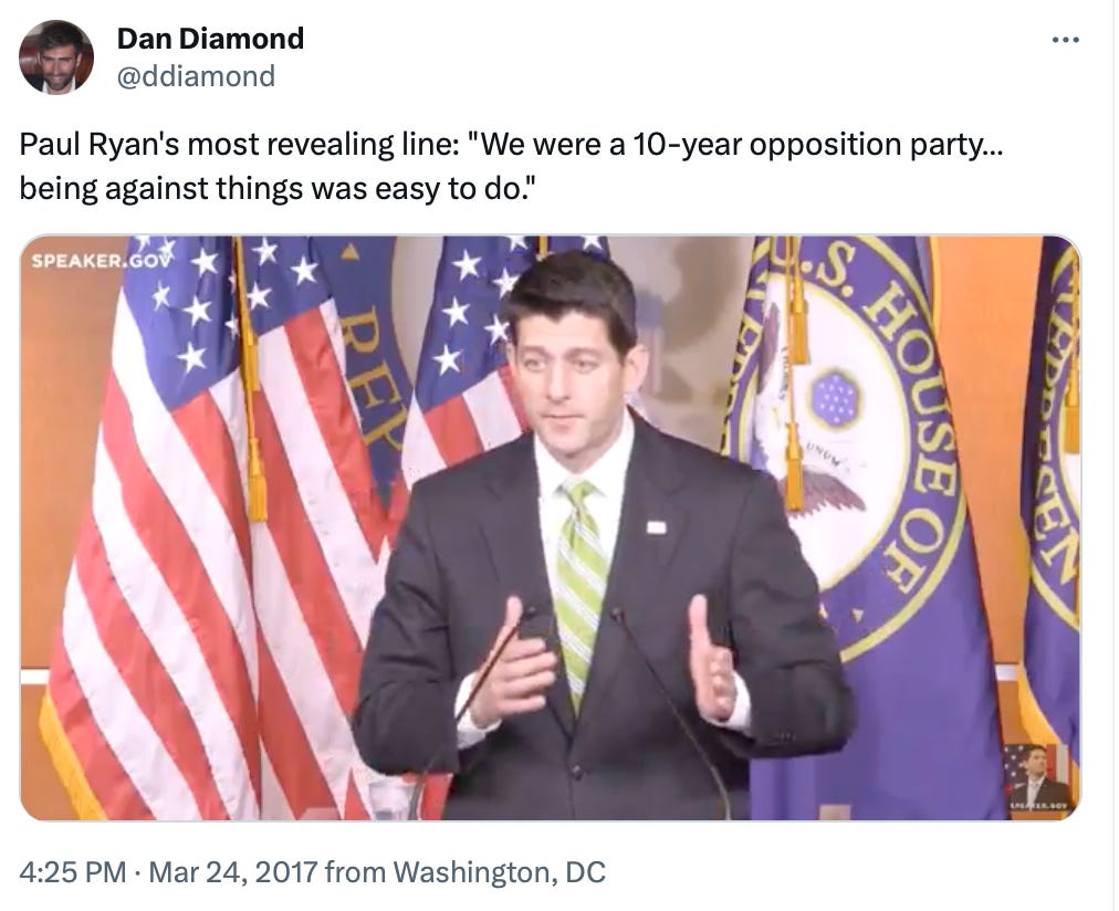 Paul Ryan's most revealing line: "We were a 10-year opposition party… being against things was easy to do."