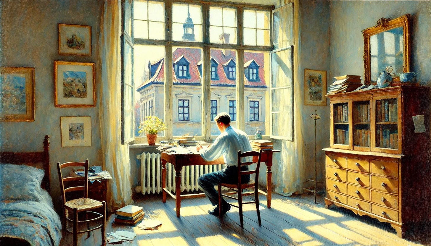 An impressionistic oil painting of a man studying at a desk in his apartment, inspired by Fritz Syberg's style. The scene features soft, dappled light streaming through a window, creating a serene and contemplative atmosphere. The interior shows a simple yet cozy setting with books and papers scattered on the desk. Through the window, old European buildings with tiled roofs and ornate facades are visible. The color palette is gentle and pastel-like, with hues of soft yellows, blues, and greens, evoking the tranquility of a peaceful, sunny day.