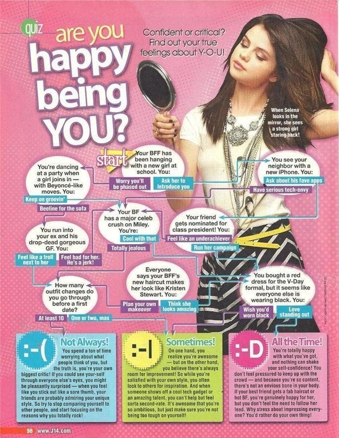 This may contain: a magazine ad with an image of a woman looking at her hair
