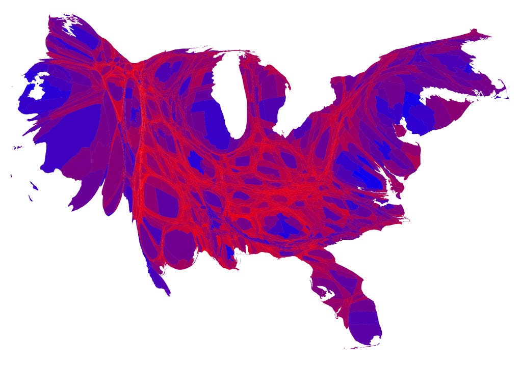 Wild-looking distorted U.S. 2016 electoral map, with counties resized by population rather than land area