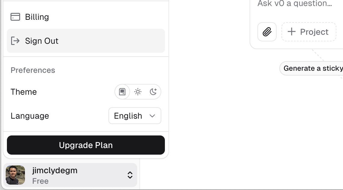 V0 by vercel settings page