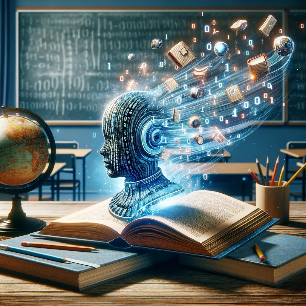 An image of a book opened on a desk in a classroom. From the book emerges a holographic head with digital bits and books swirling into it.