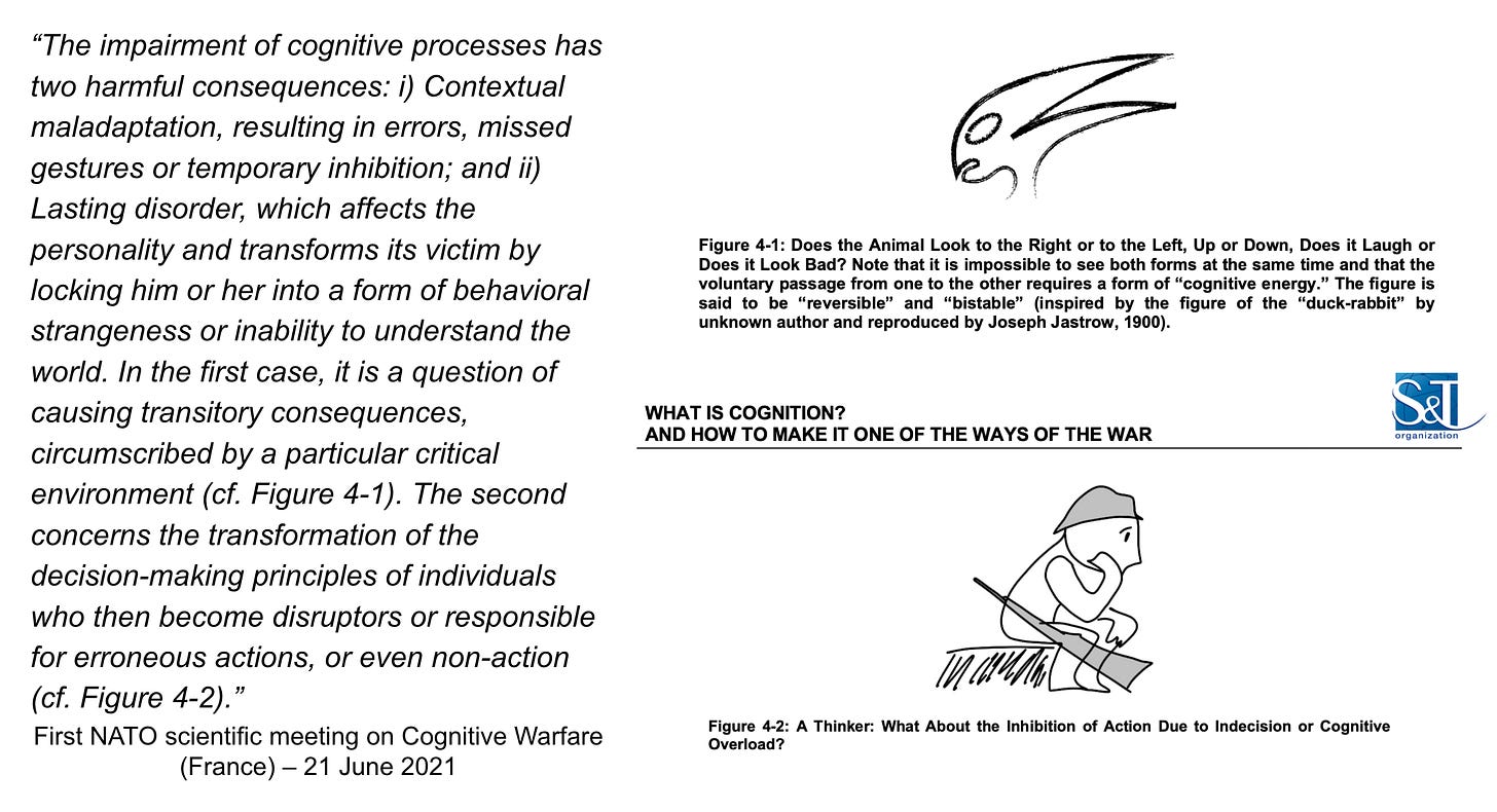 The impairment of cognitive processes has two harmful consequences: i) Contextual maladaptation, resulting in errors, missed gestures or temporary inhibition; and ii) Lasting disorder, which affects the personality and transforms its victim by locking him or her into a form of behavioral strangeness or inability to understand the world. In the first case, it is a question of causing transitory consequences, circumscribed by a particular critical environment (cf. Figure 4-1 Figure 4-1 is a drawing that could be reversible a rabbit or a duck depending on how you look at it. ). The second concerns the transformation of the decision-making principles of individuals who then become disruptors or responsible for erroneous actions, or even non-action (cf. Figure 4-2 Figure 4-2 is A soldier sitting on a stump thinking with hand on chin and rifle at side, and the caption says A Thinker: what about the inhibition of action due to indecision or cognitive overload.). 