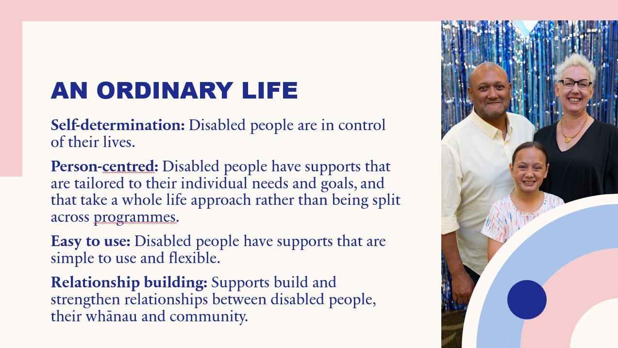 slide with text and images. Text reads, an ordinary life. Self-determination: Disabled people are in control of their lives. Person-centred: Disabled people have supports that are tailored to their individual needs and goals, and that take a whole life approach rather than being split across programmes. Easy to use: Disabled people have supports that are simple to use and flexible. Relationship building: Supports build and strengthen relationships between disabled people, their whānau and community. 