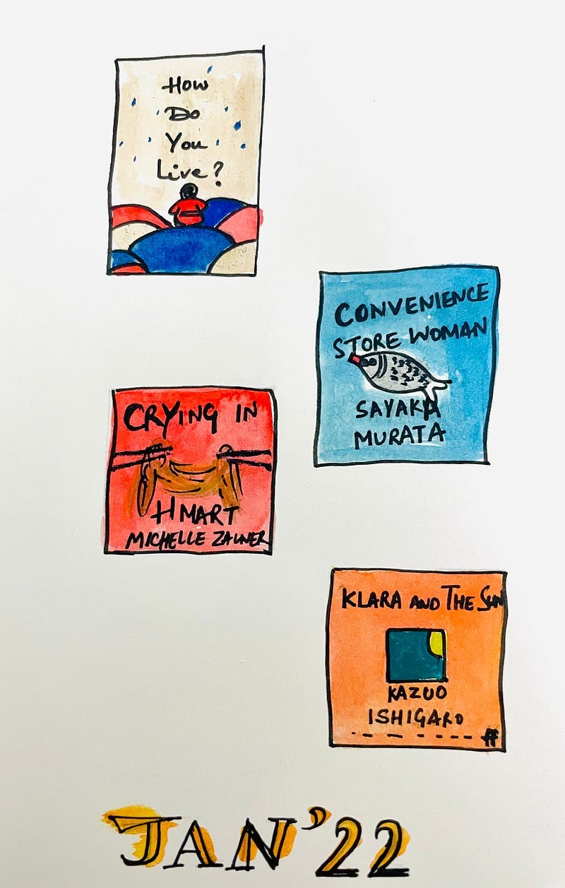 Four books painted using watercolors by the author of the article in the order of top to bottom: 1. How do you Live? 2. Convenience Store Woman 3. Crying in H-mart 4. Klara and the Sun. The drawing has been stamped with the month of January 2022 to depict the month the aforementioned books were read.