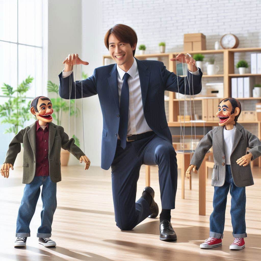 a CEO wearing a suit playing with puppets who are wearing casual cloths 