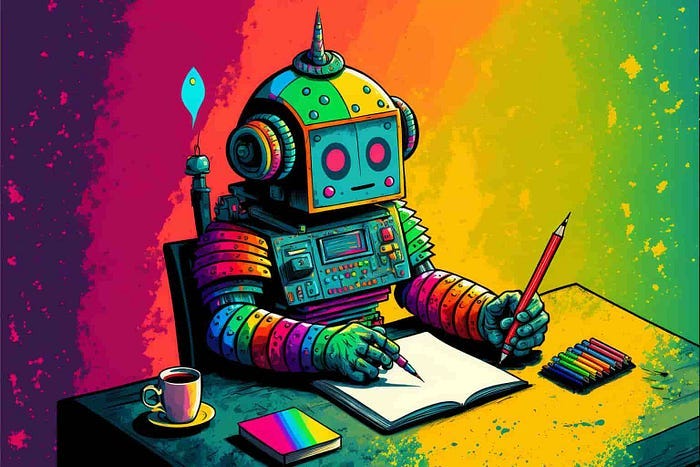 a friendly colorful robot sitting at a desk holding a pen and writing on a piece of paper, pop art