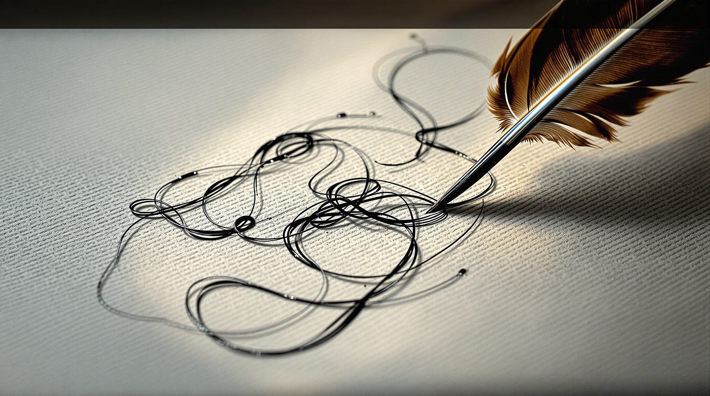 Conceptual ink lines and feather pen on linen paper illustrating rewriting personal narrative, mindset change, and self-improvement.