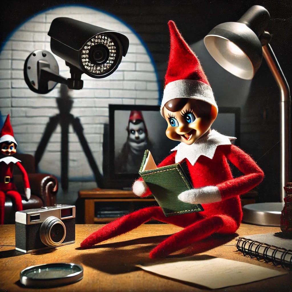 A mischievous Elf on the Shelf sits in a dimly-lit living room with a surveillance camera nearby, holding a miniature magnifying glass and notebook. The elf has a menacing grin, and its eyes appear to follow the viewer. Holiday decorations around the room are slightly disturbed, and exaggerated shadows add to the eerie yet playful atmosphere.