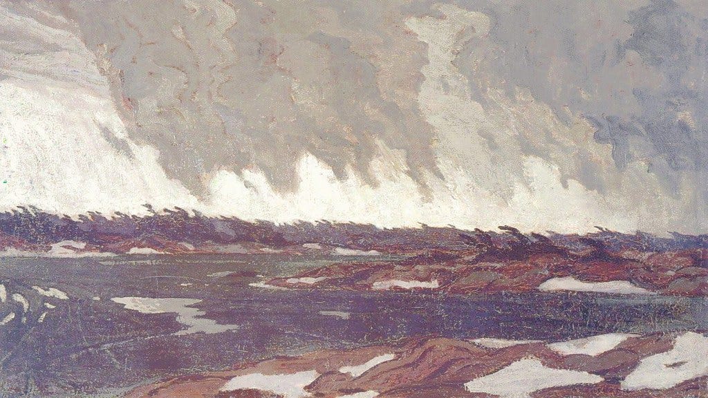 My digital painting after A.Y. Jackson's 1920 oil painting, 'March Storm, Georgian Bay.'