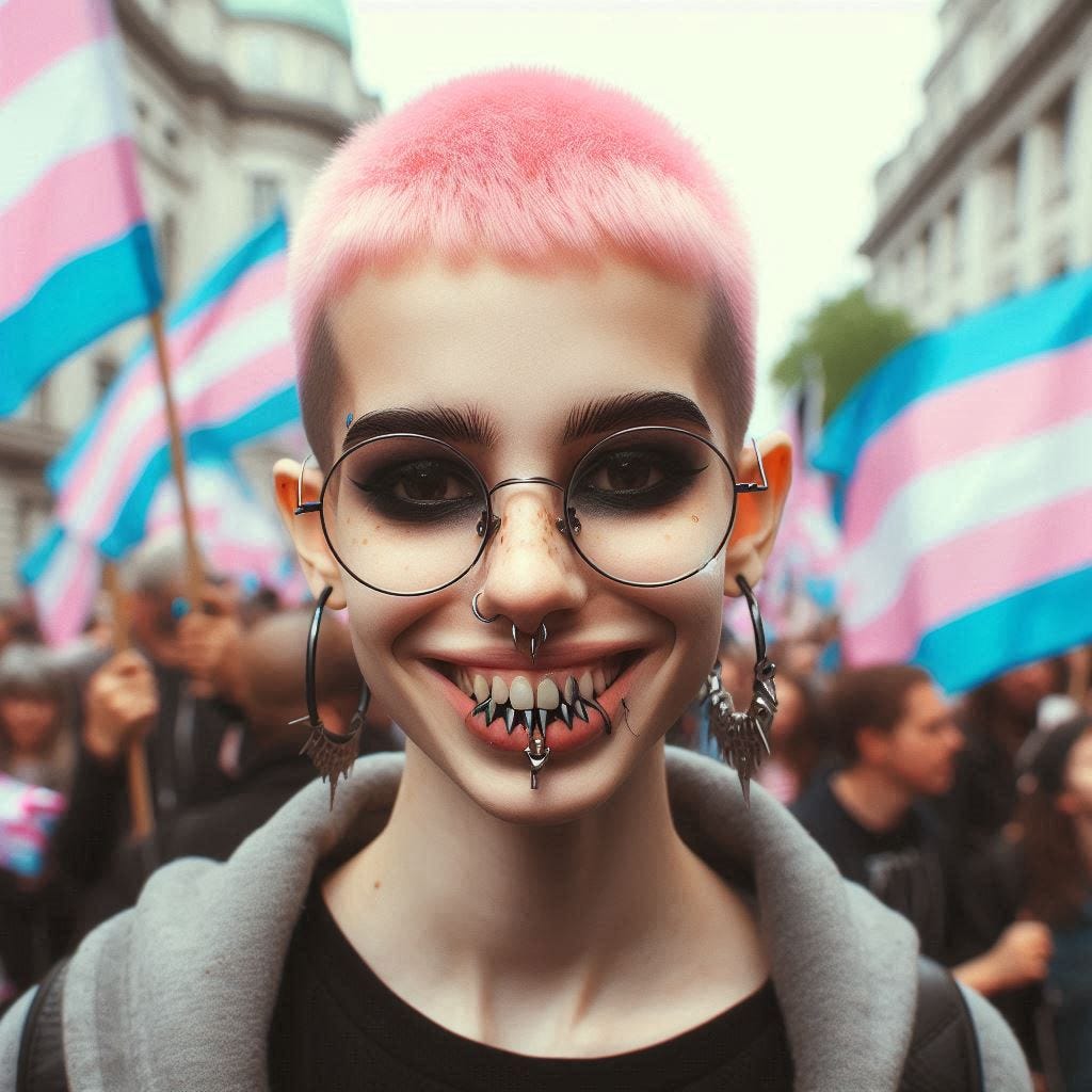 thin non binary girl with bad teeth big glasses frames, pink shaved hair at a march where the crowd is holding trans flags