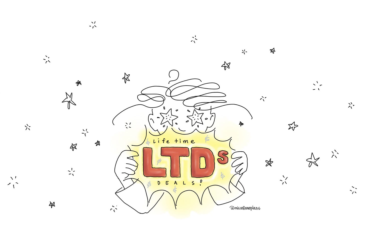Black line drawing on white background showing a character with stars instead of eyes holding a glowing sign that reads LTDs — Lifetime Deals