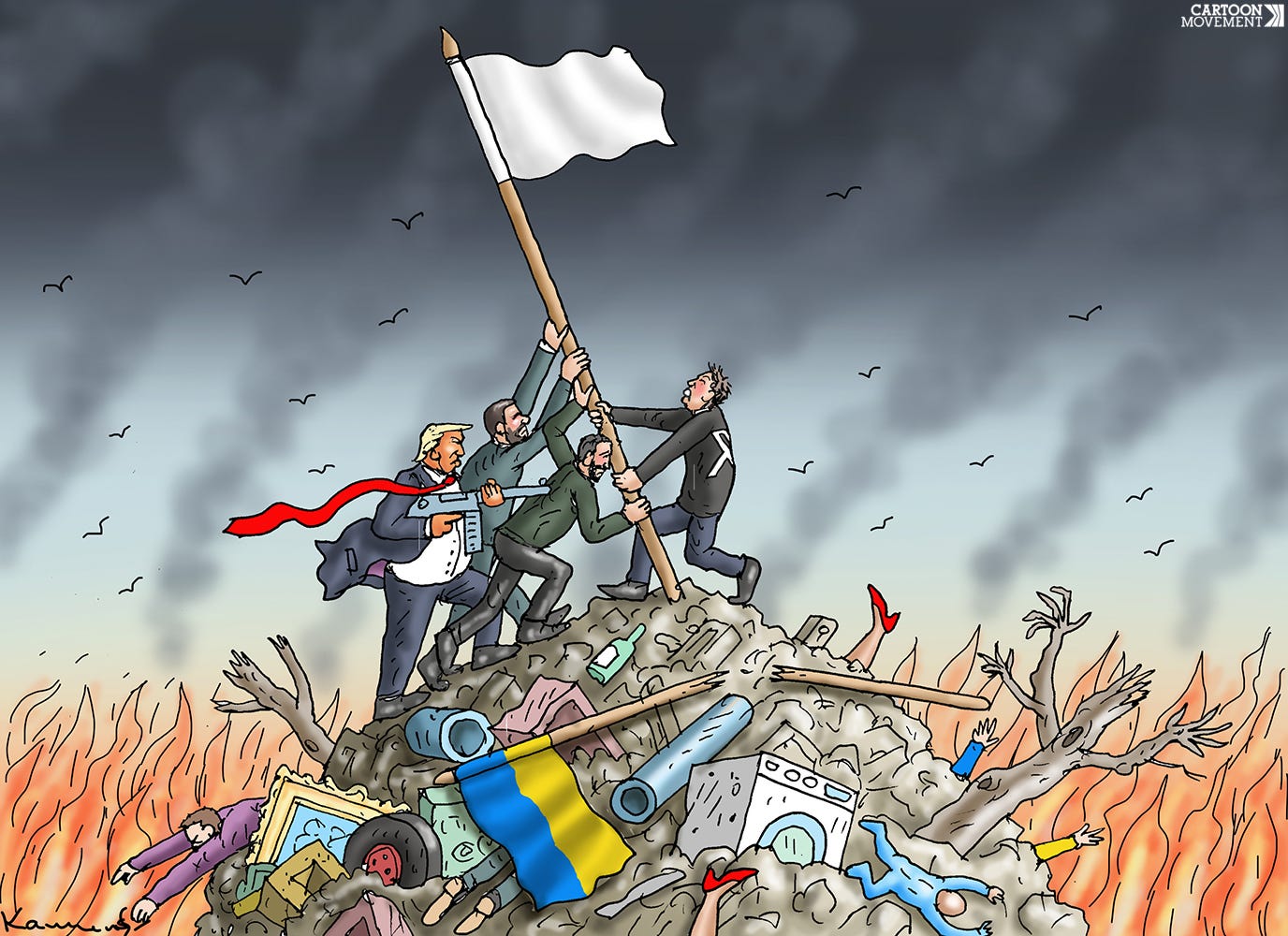 Cartoon showing the iconic image of soldiers raising the flag at Iwo Jima. Instead of soldiers, in the cartoon it's Trump and his cronies Musk and Vance, and instead of the US flag, they are raising the white flag atop a heap of rubble and bodies. Amidst the heap of rubble we see a torn Ukrainian flag.